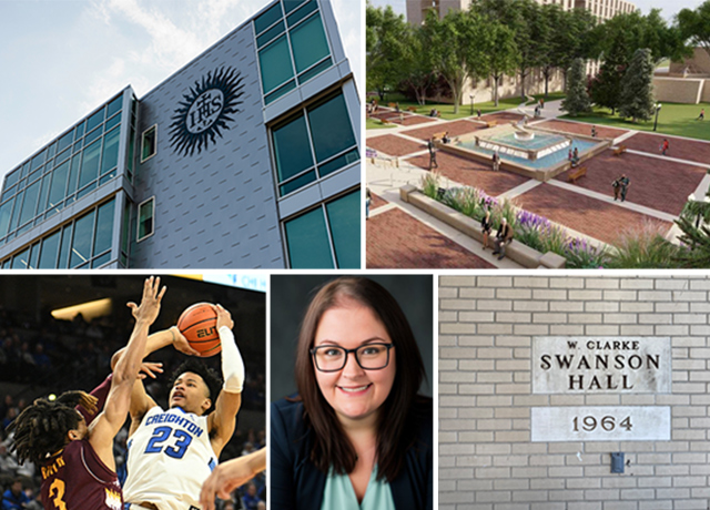 Images of Jesuit Residence, St. John's Fountain and Men's Basketball.