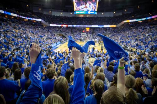 View from the stands of Creighton fans at a basketball game