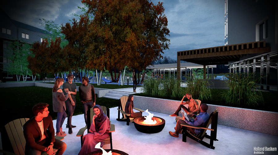 A rendering of a fire pit area of the Simpson Family Courtyard.