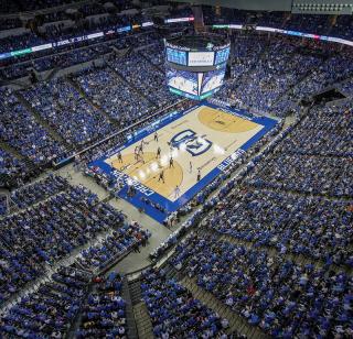 Overhead shot of a packed Creighton men's basketball game at the CHI Health Center Omaha. 