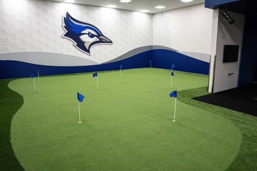 An indoor putting and chipping green
