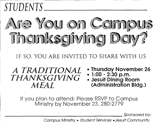 A newspaper clipping with an invite for Thanksgiving dinner