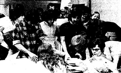 A black and white photo of students