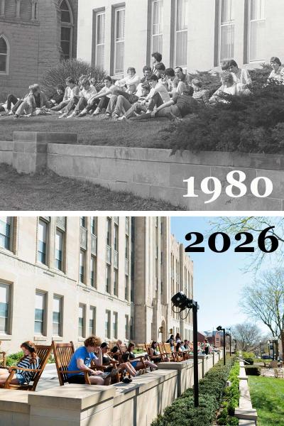 One photo from 1980 and another from 2026 in front of the same building