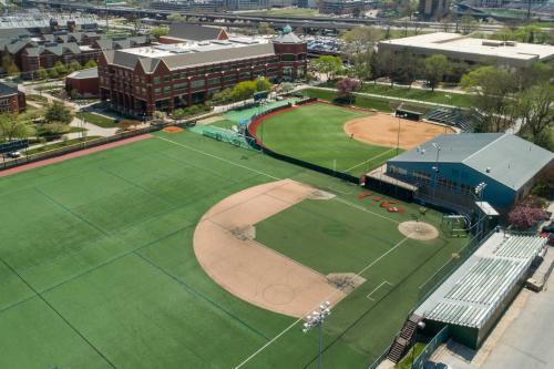 An aerial photo of baseball and softball fields