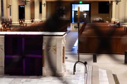 A view from inside St. John's Church looking from the altar toward the entry doors.