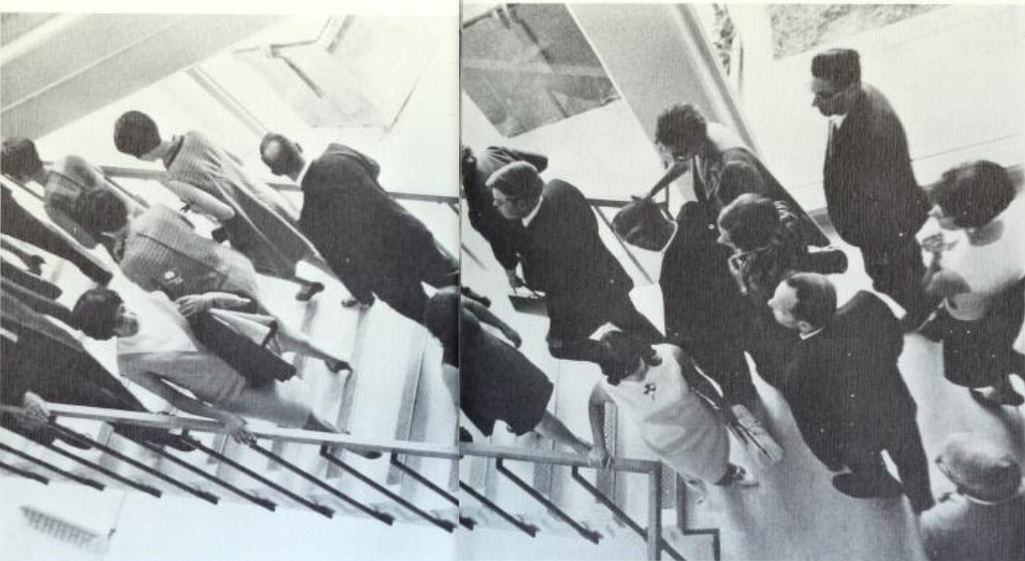 Students and parents walk the Kiewit Hall stairs in 1968