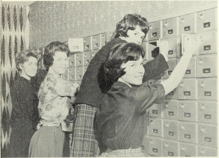Students at dorm mailboxes in 1960s.