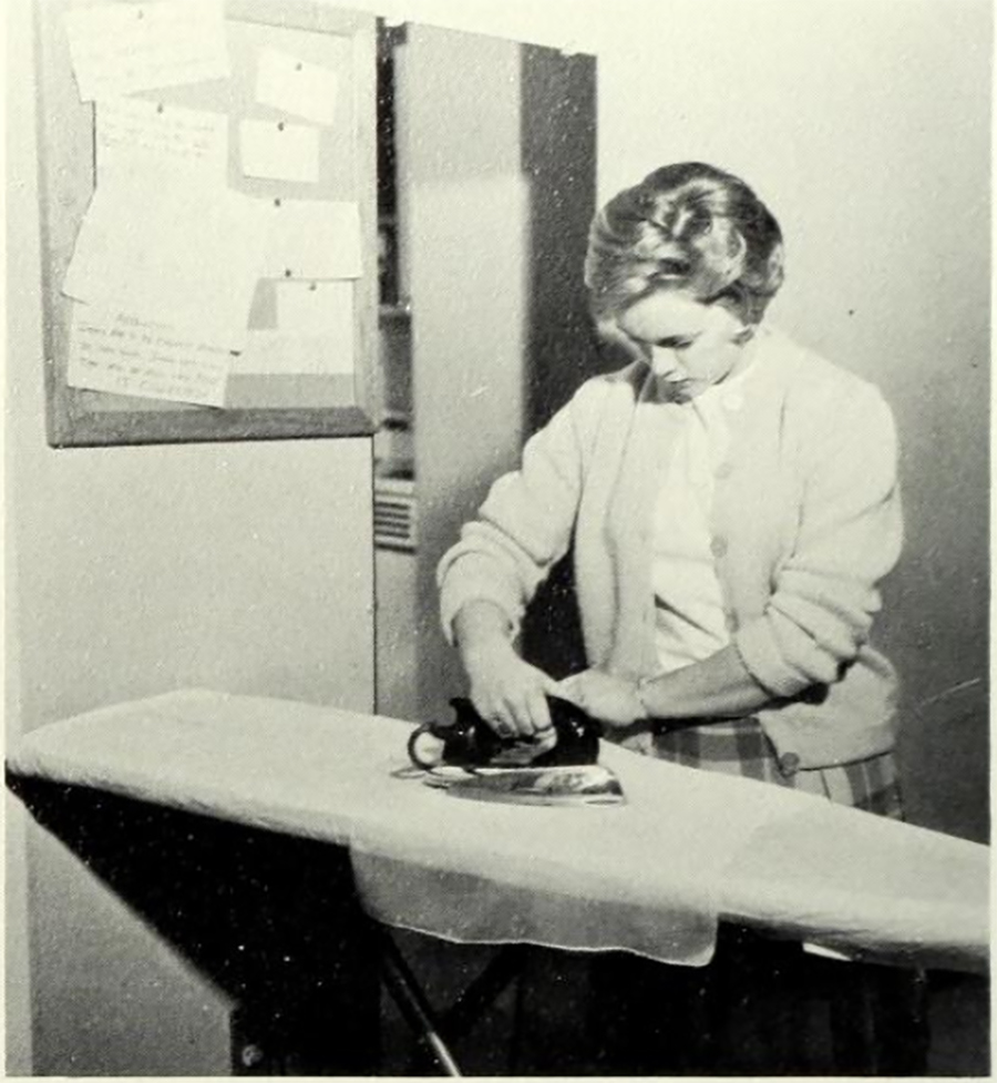 A student irons her clothes in Gallagher in the 1960s.