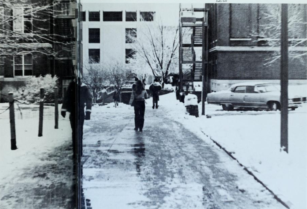 1982 photo of snowy Creighton campus