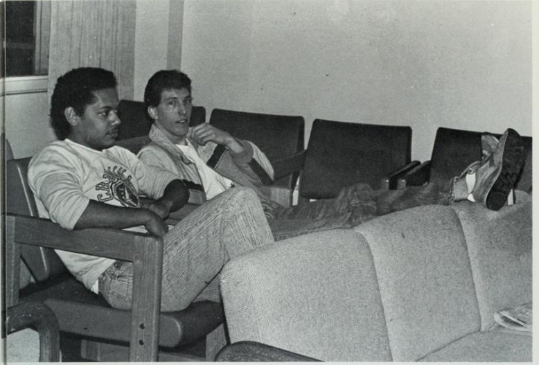 Students in the TV lounge of Gallagher Hall.