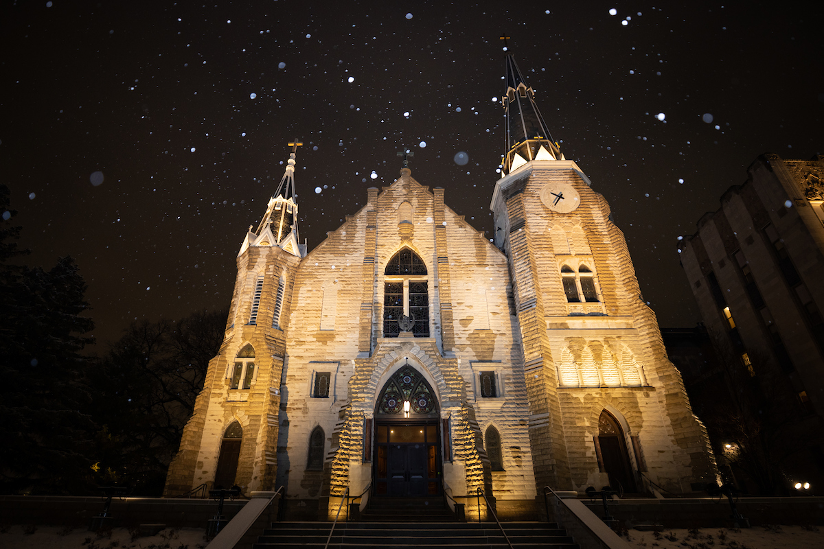 St. John's at night during snow fall.