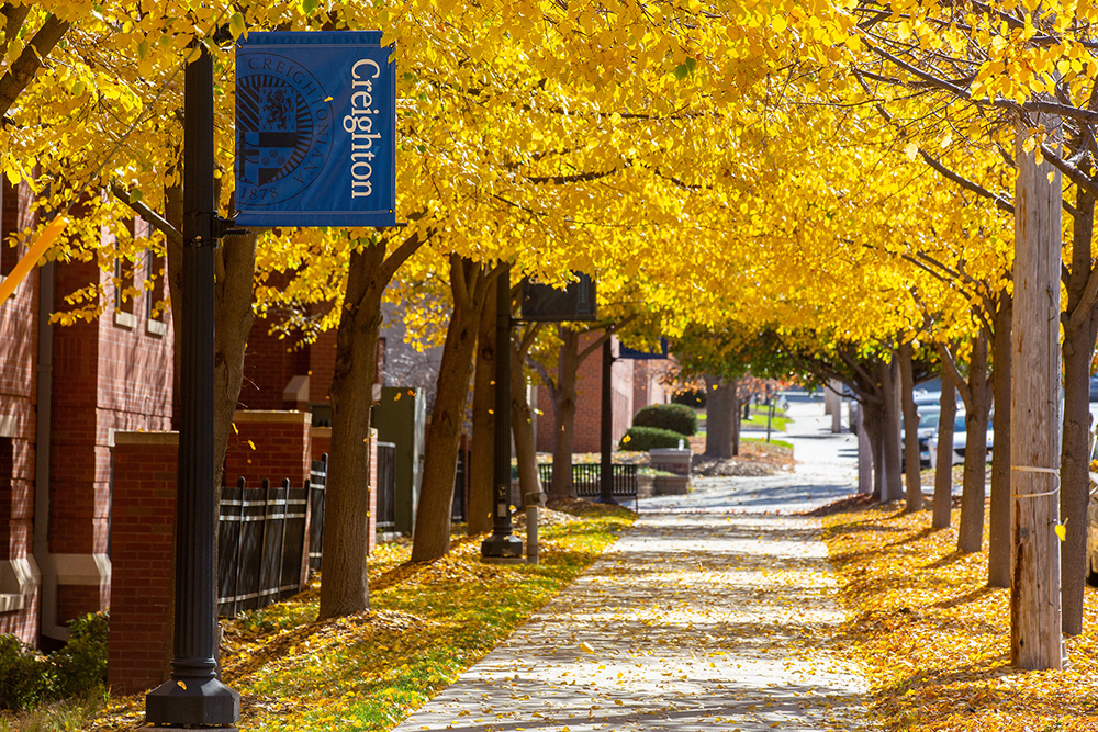 Creighton in the fall, fall colors of foilage overlooking sidewalk.