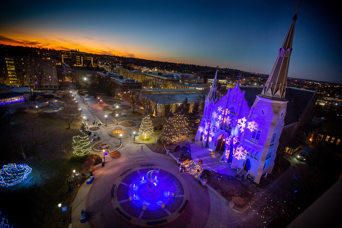 St. John's lit up in blue for Christmas time.