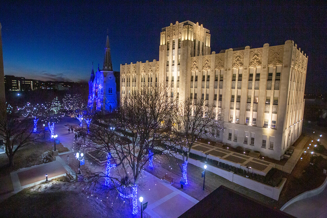 St. John's and Creighton Hall illuminated for the holidays.