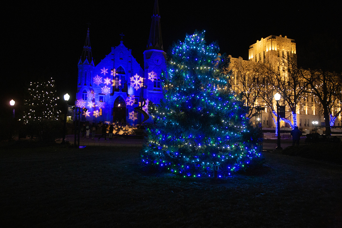 St. John's and Creighton Hall illuminated for the holidays.
