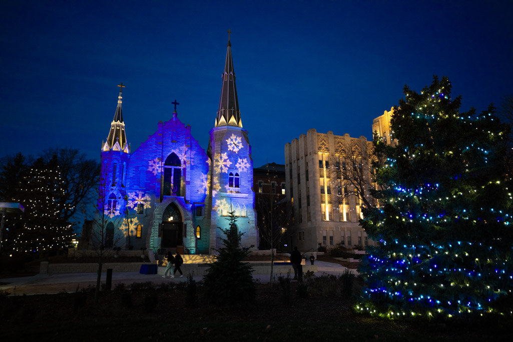 Wide angle view of Christmas lights at St. John's Church