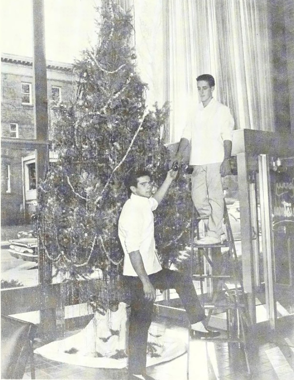 Creighton students put up a Christmas tree.