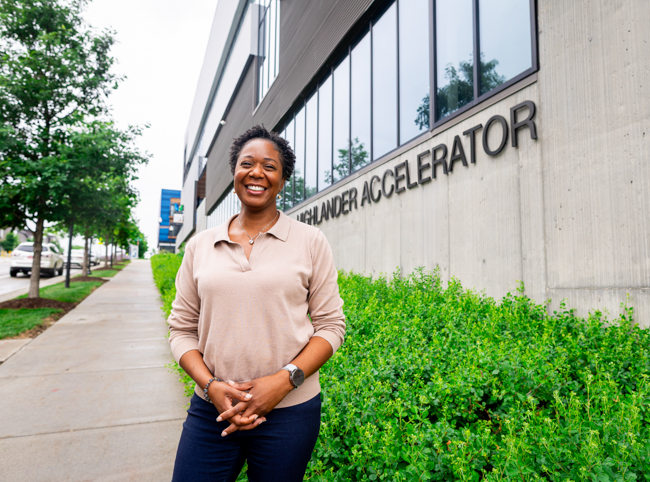 April Dixon outside the Highlander Accelerator building. 