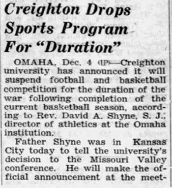 Clipping of news saying that Creighton football was suspended.