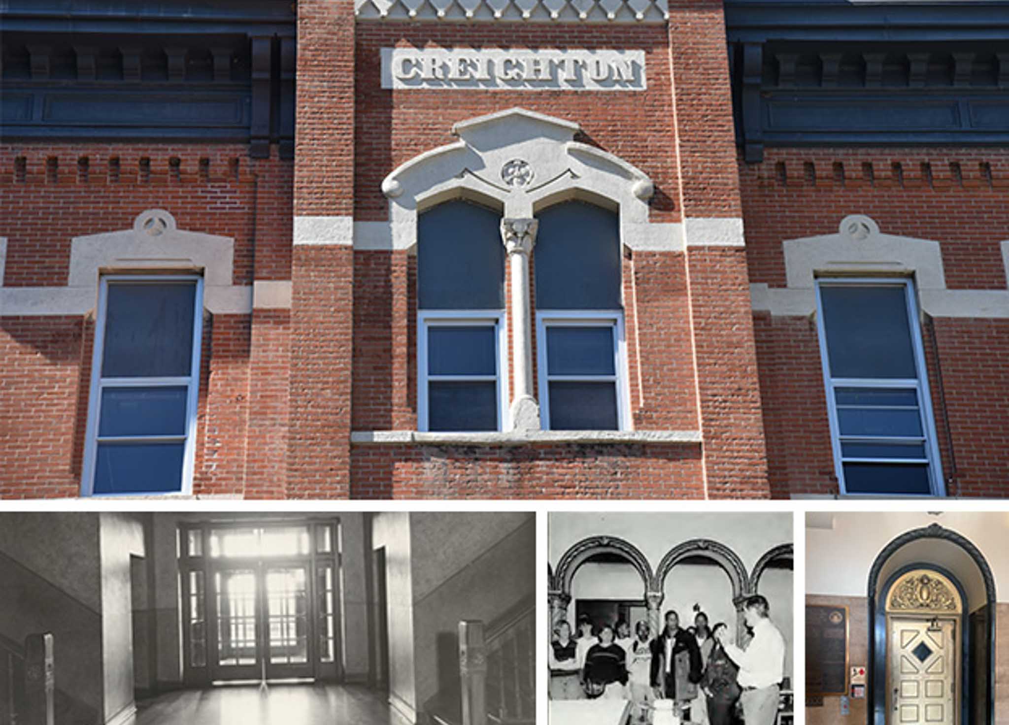 A collage of photos of an old building