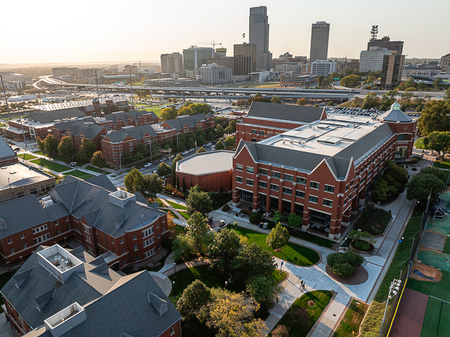An eastern section of Creighton's campus overlooks downtown Omaha.
