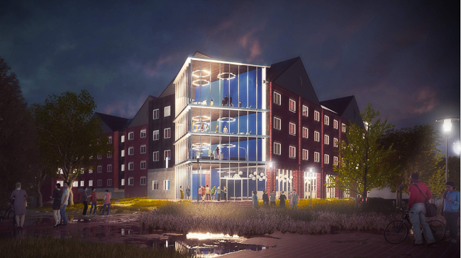 A rendering of the new sophomore residence hall, opening in fall 2026.