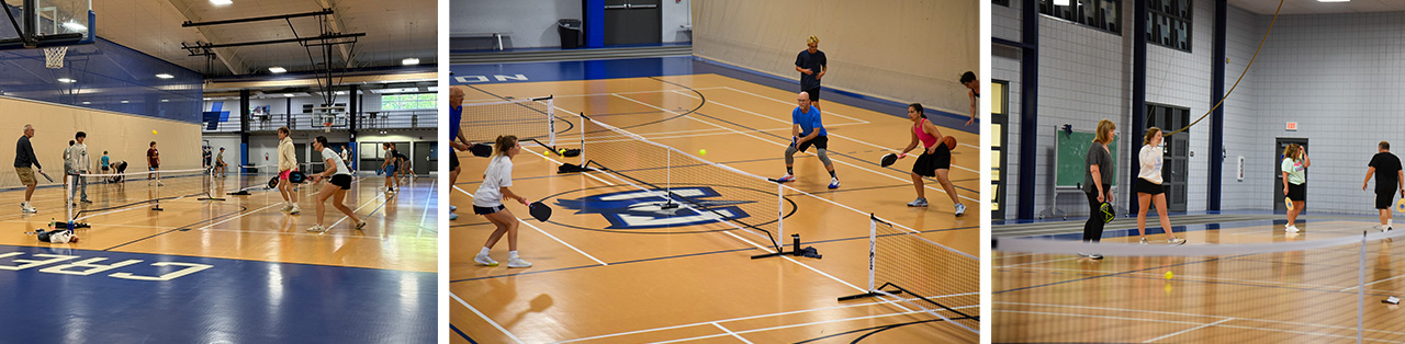 A collage of photos of people playing pickleball
