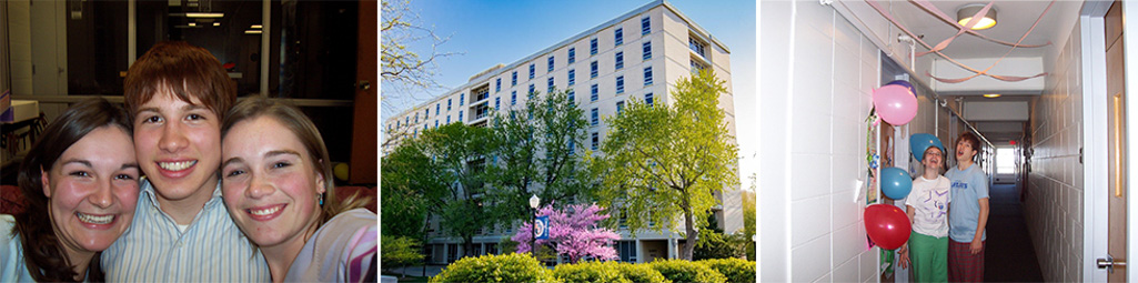 A collage of photos of Kiewit Hall friends and the exterior of the building