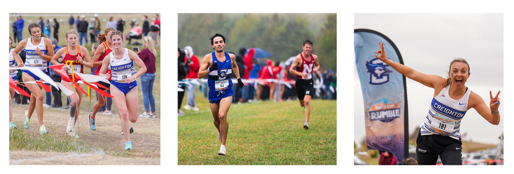 A three-photo collage of Creighton cross country runners