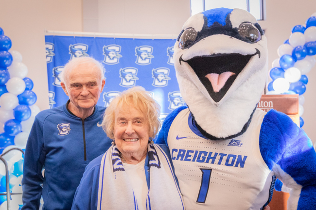 Bill and Ruth Scott pictured with Billy Bluejay in 2019.