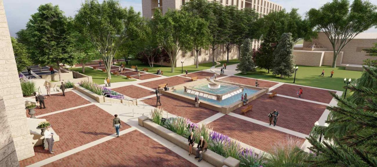 An architectural rendering of the St. John's plaza and fountain.