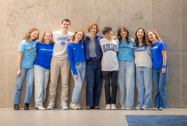 Adrian Martinez, center, with the first cohort of Harper Nursing Scholars and the program director, Anne Harty, BS&rsquo;97, MS, EdD&rsquo;19, to the left of Adrian.
