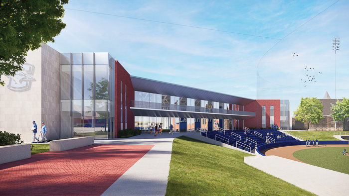 A conceptual rendering of a planned team facility overlooking the Creighton baseball practice field.