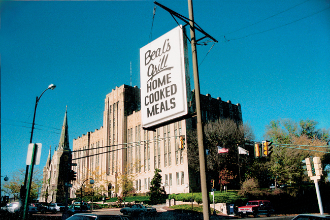 Beal's Grill sign in front of Creighton Hall.