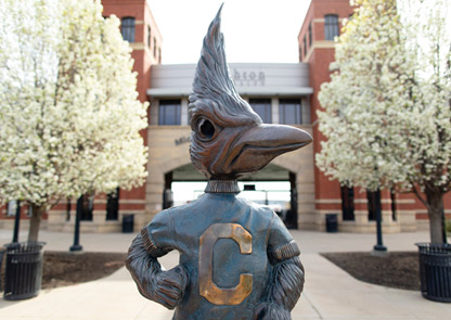 Billy Bluejay statue in front of Morrison Stadium
