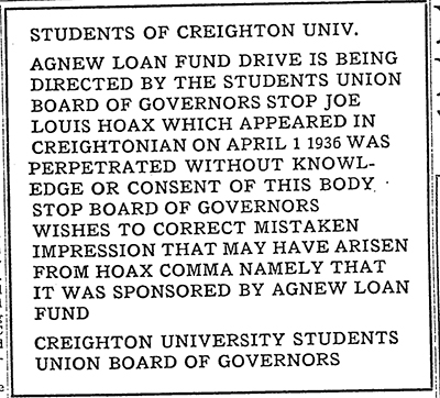 Image of Jou Louis parody article in the Creightonian
