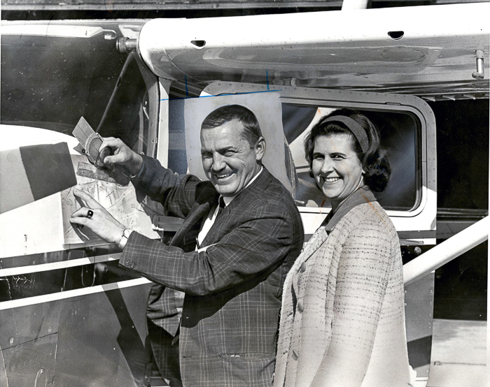 James and Jan Maly in front of a new plane in Fullerton, Nebraska, shortly after their crash landing in the Amazon.