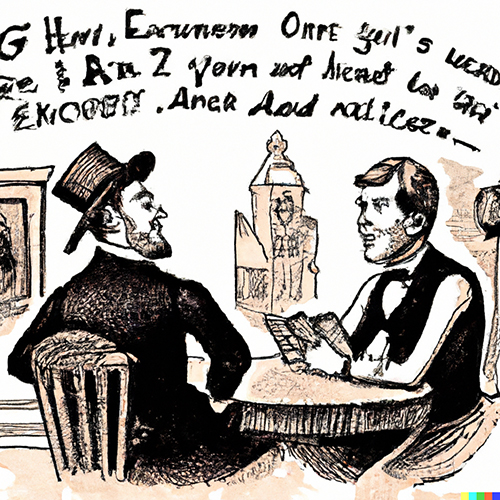 An AI apologizing to Edward Creighton for not getting the details of Creighton University's history wrong, and they're both sitting in an old-timey saloon in the 1860s.