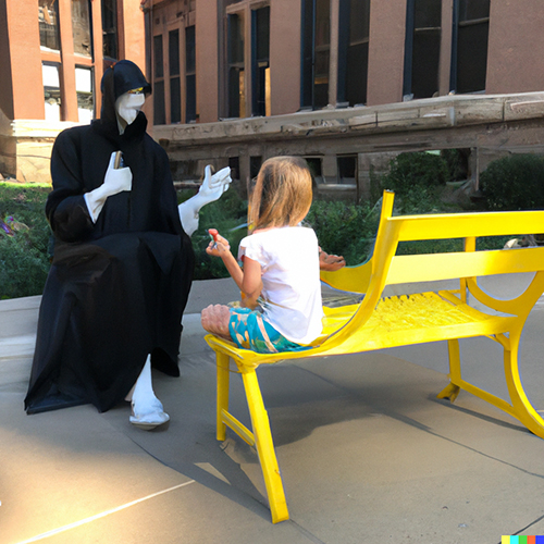 An AI telling a 5-year-old child about Creighton while they're both sitting on Creighton's Mall