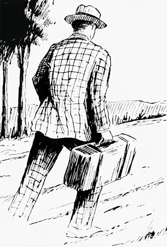 A newspaper illustration of the man in the checkered suit carrying the suitcase.