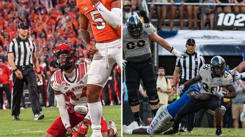 Two photos of college football action with an official in the background