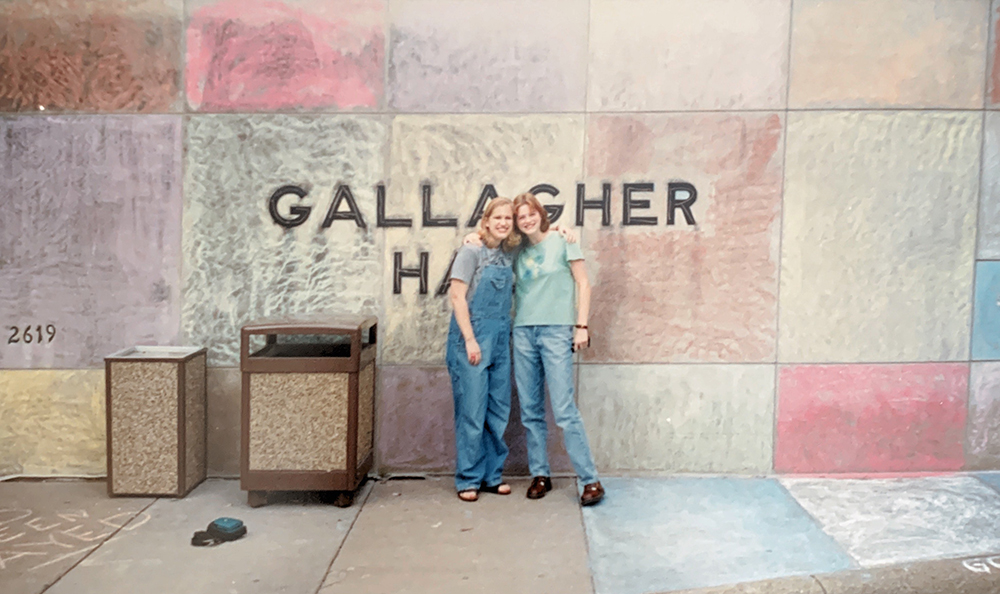 Tara, Katie and a chalked Gallagher Hall.