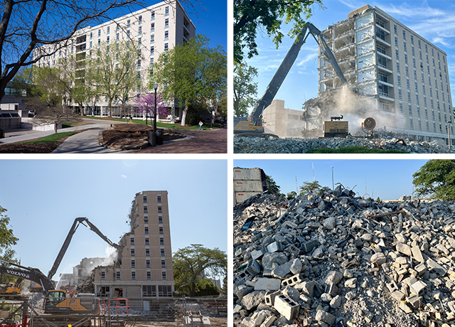 Photos of Kiewit Hall before, during and after demolition