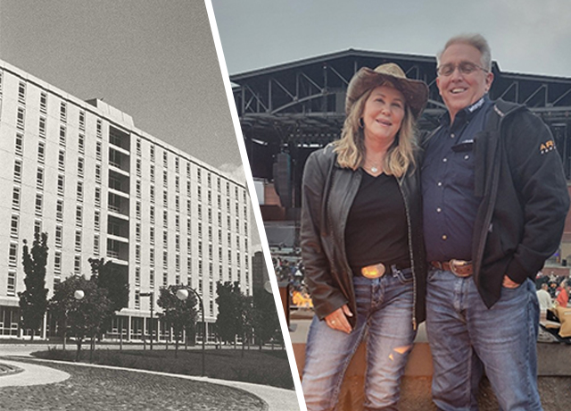 An old photo of a dorm and a photo of a couple