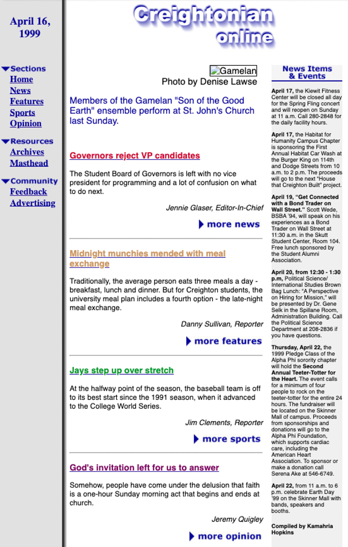 Screengrab of Creightonian website in 1999