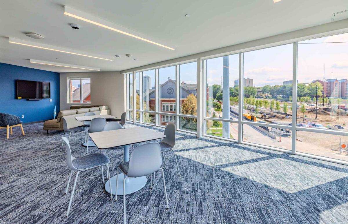A gathering space in a residence hall