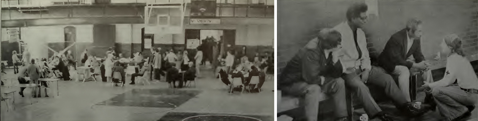 Two photos of Red Cross assisting evacuees in a gym