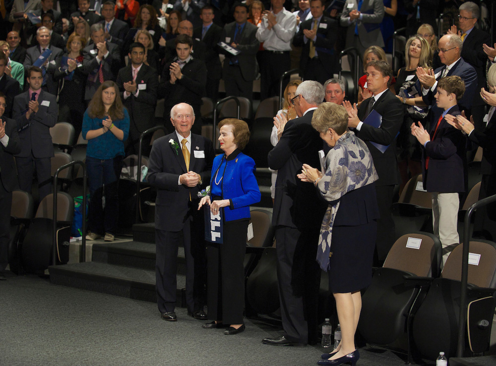 Charlie and Mary Heider at the Hixson-Lied Auditorium in the Harper Center in 2013 for the grand opening of the Heider College of Business.