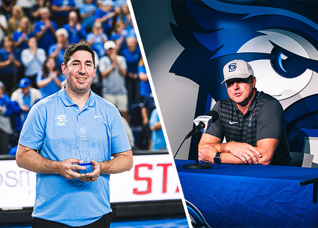 Two photos of a volleyball coach and a baseball coach